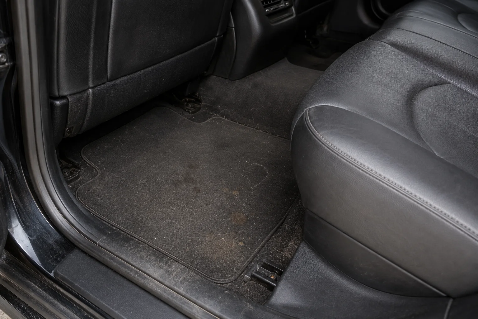 The same sedan footwell before cleaning, with debris, pet hair and light stains